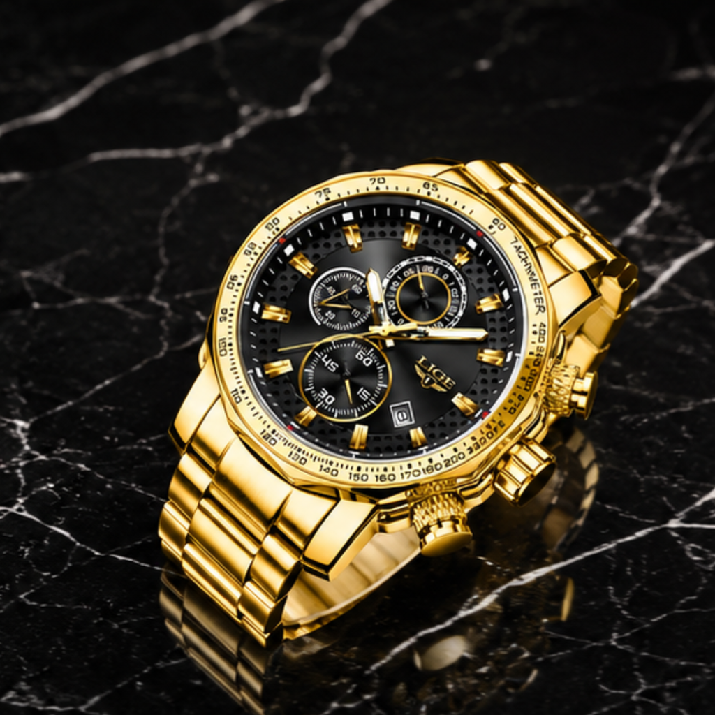 POEDAGAR Obsidian Titan Gold Chronograph executive men's watch