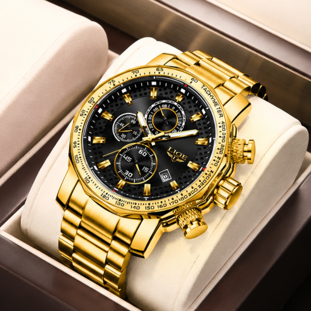 POEDAGAR Obsidian Titan Gold Chronograph executive men's watch