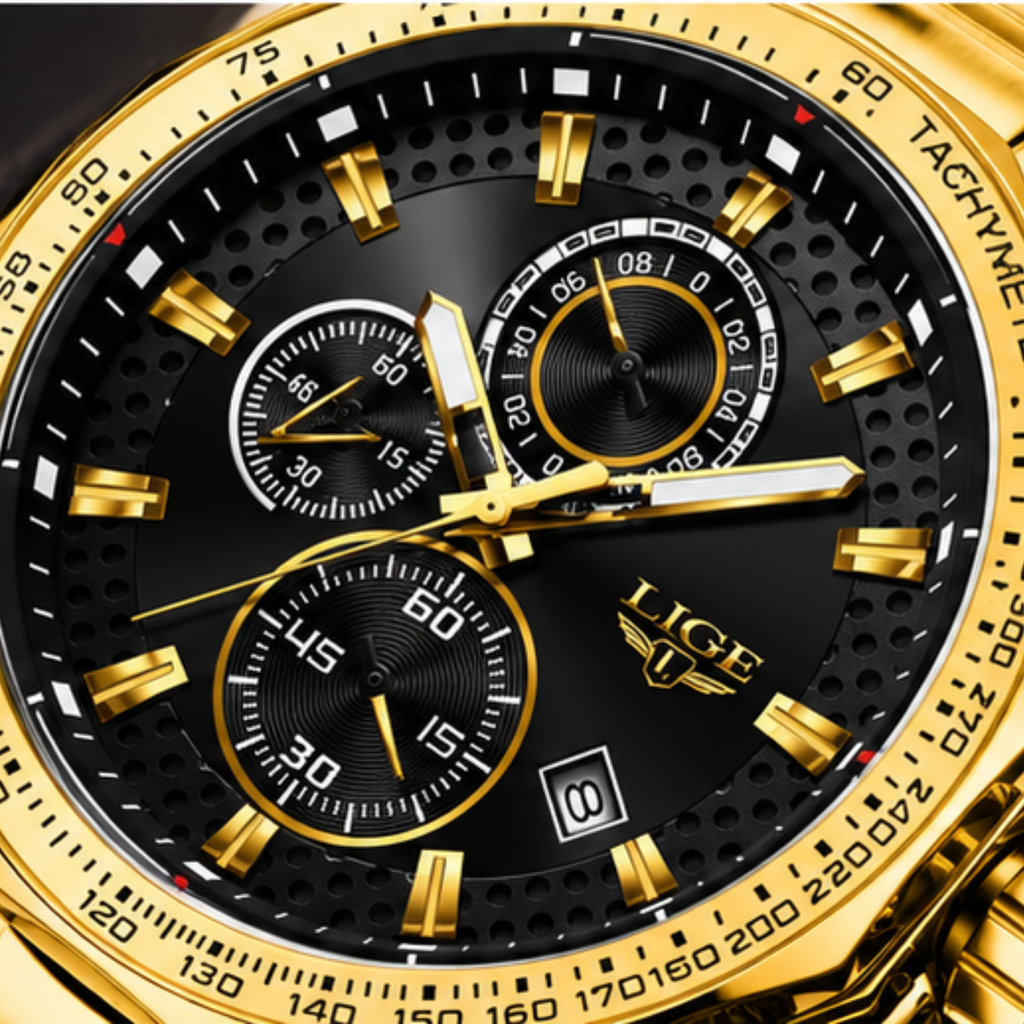 POEDAGAR Obsidian Titan Gold Chronograph executive men's watch